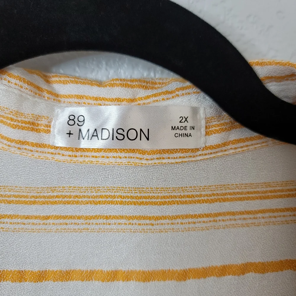 89+Madison 3/4 sleeve button up roll tab yellow stripe crepe collared sh…